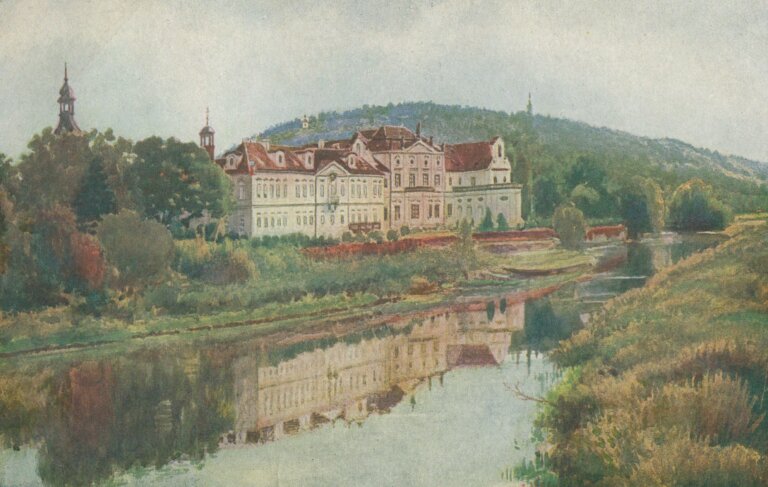 pohlednice, barevný akvarel zbraslavského zámku od Antonína Häuslera (1869–1938)